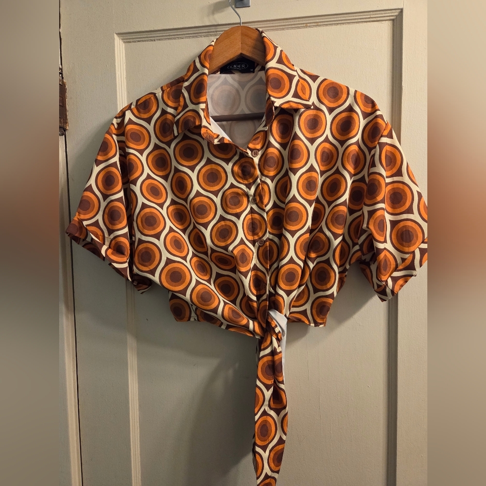 Cider Retro Op Art Print Cropped Button Down Shirt Sz M